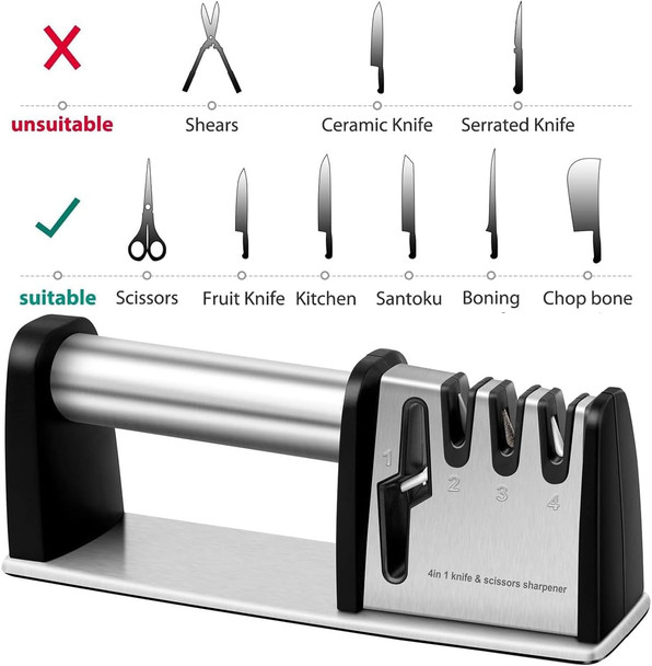 Wattlink 4-In-1 Professional Knife And Scissors Sharpener Manual Kitchen Sharpening Tool 8.5 Inch Length
