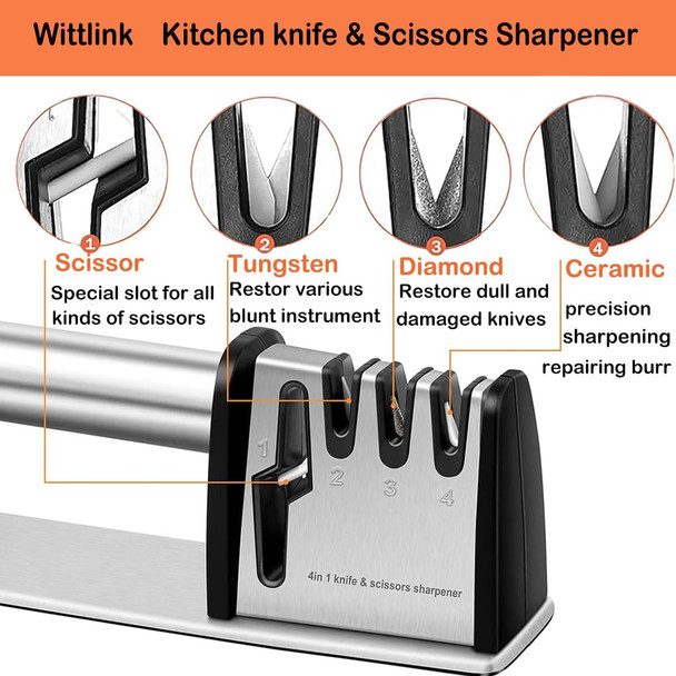 Wattlink 4-In-1 Professional Knife And Scissors Sharpener Manual Kitchen Sharpening Tool 8.5 Inch Length