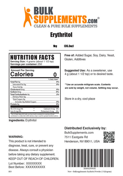 BulkSupplements.com Erythritol Sweetener Granular - Zero Calorie Sweetener, Granulated Erythritol Powder - Sugar Substitutes for Baking, Sugar , 4g of per Serving, 1kg (2.2 lbs)