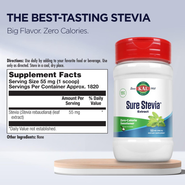 KAL Sure Stevia Extract Powder, Low Carb, Plant Based Stevia Sweetener, Great Taste, Zero Calories, Zero Sugar, Low Glyc KAL Sure Stevia Extract Powder, Low Carb, Plant Based Stevia Sweetener, Great Taste, Zero Calories, Zero Sugar, Low Glyc