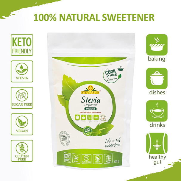 Mix of Pure Stevia Powder and Erythritol Sweetener Powder Sugar Substitutes 10.6 Ounce (300 g) - All Purpose Sugar