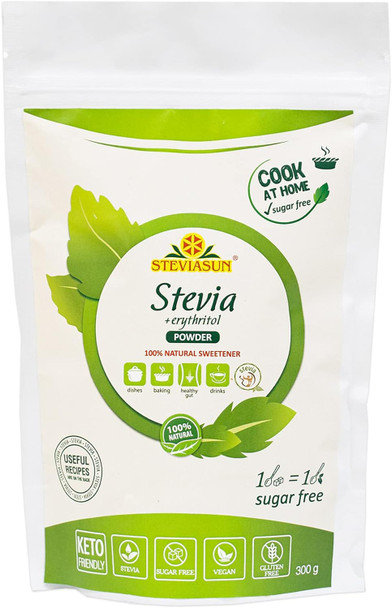 Mix of Pure Stevia Powder and Erythritol Sweetener Powder Sugar Substitutes 10.6 Ounce (300 g) - All Purpose Sugar Mix of Pure Stevia Powder and Erythritol Sweetener Powder Sugar Substitutes 10.6 Ounce (300 g) - All Purpose Sugar
