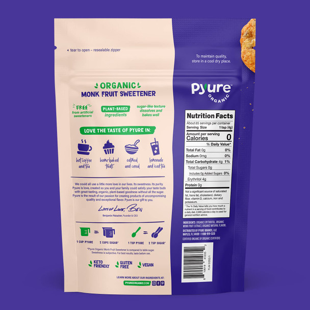 Pyure Organic Monk Fruit Sweetener Granulated White Sugar Substitute Zero Carb, Zero Sugar, Zero Calorie Plant-Based Monk Fruit Sweetener for Keto Friendly Food 12 Oz