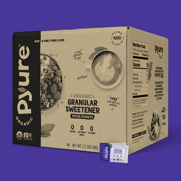 Pyure Organic Stevia Packets Granulated Sugar Packets - White Sugar Substitute Zero Carb, Zero Sugar, Zero Calorie Sweetener Packets Plant-Based Stevia Packets for Keto Coffee 1000 Count