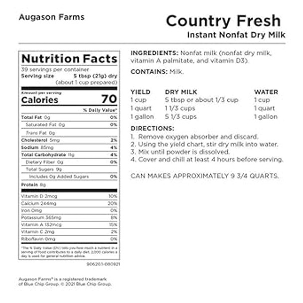 Augason Farms 5-90620 Country Fresh 100% Real Instant Nonfat Dry Milk, 1 Lb, 13 Oz