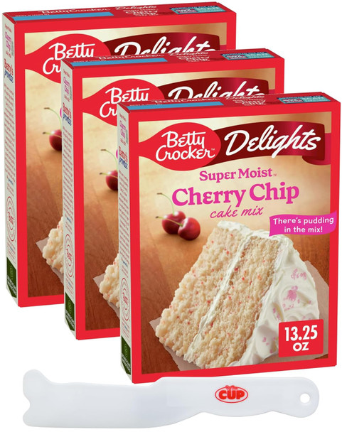 Betty Crocker Delights Super Moist Cherry Chip Cake Mix, 13.25 Oz (Pack Of 3) With By The Cup Frosting Spreader