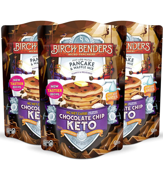 Birch Benders Keto Chocolate Chip Pancake & Waffle Mix With Almond Flour, Just Add Water, 10 Ounce (Pack Of 3)