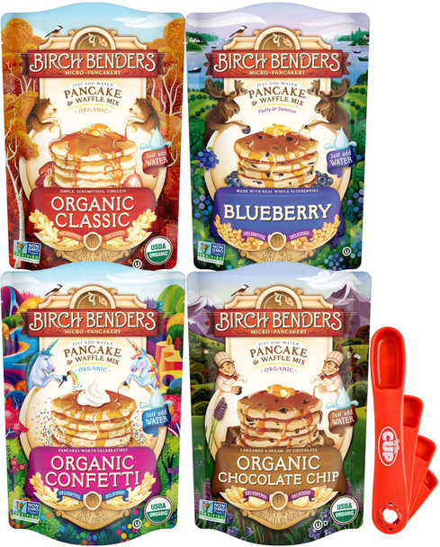 Birch Benders Pancake And Waffle Mix Variety: (Pack Of 4) Organic Classic, Blueberry, Organic Confetti, Organic Chocolate Chip With By The Cup Swivel Spoons Birch Benders Pancake And Waffle Mix Variety: (Pack Of 4) Organic Classic, Blueberry, Organic Confetti, Organic Chocolate Chip With By The Cup Swivel Spoons