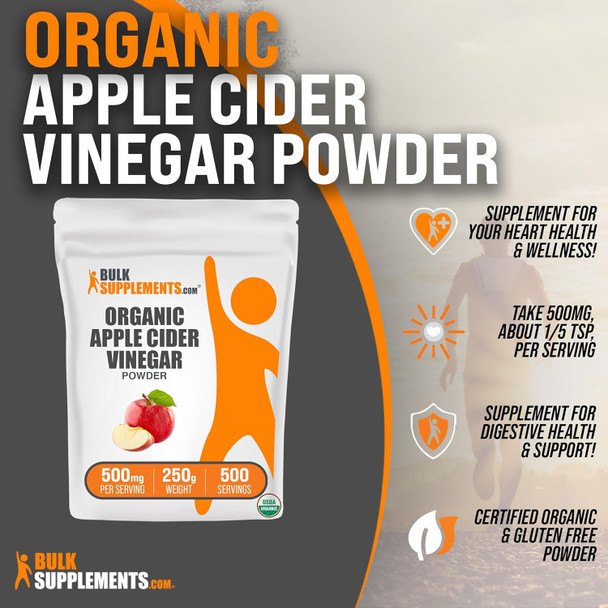 Bulksupplements.Com Organic Apple Cider Vinegar Powder - Apple Cider Vinegar Supplement, Acv For Digestive Support, Apple Cider Vinegar Organic - Vegan-Friendly, 500Mg Per Serving, 250G