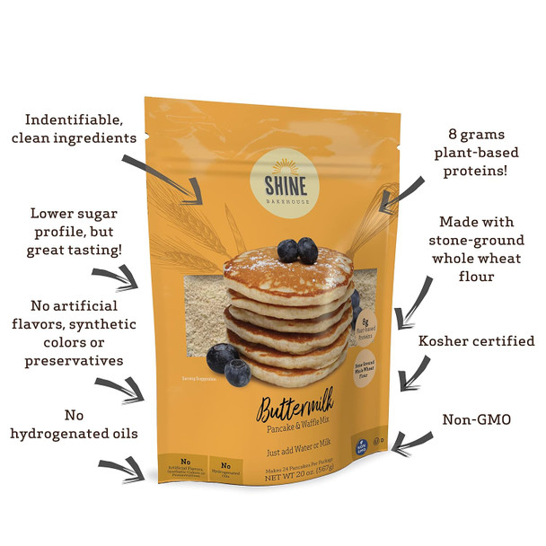 Buttermilk Pancake Mix By Shine Bakehouse – Baking Mix For Homemade Buttermilk Pancakes Or Waffles, Made With 8G Of Plant-Based Protein Per Serving, Makes 24 Pancakes, 20 Oz (1Pk)