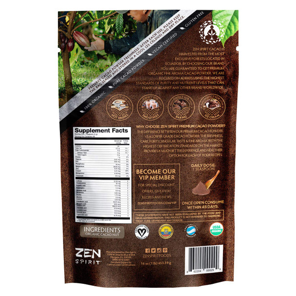 Cacao Powder Organic - 1 Pound - Unsweetened Premium Grade Superfood (Raw) - Usda & Vegan - Perfect For Keto, Breakfast, Hot Chocolate, Baking & Ice Cream. (Cacao Powder (1 Lb))