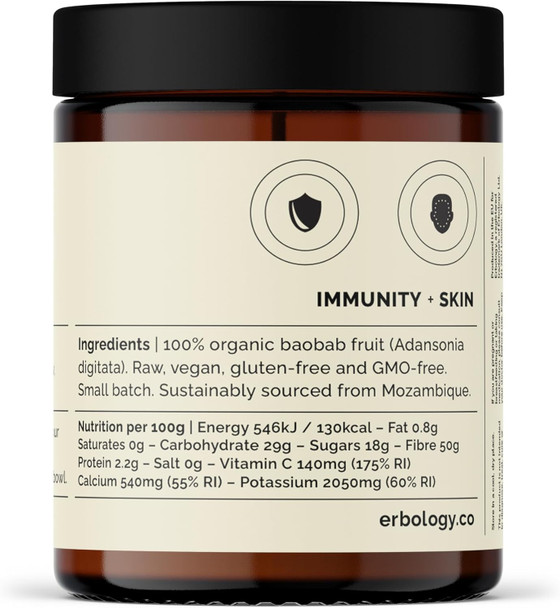Erbology Organic Baobab Powder 90G - 45 Servings - Skin Health And Immunity Support - Rich In Vitamin C, B Vitamins And Polyphenols - Sustainably Sourced Straight From Farm - Vegan - Gmo-
