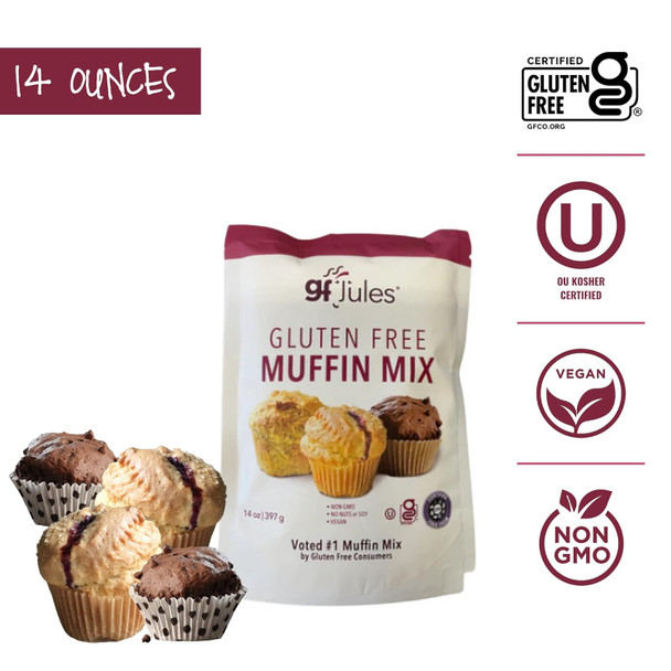 Gfjules Gluten Muffin Baking Mix No Grit, Non-Gmo, Vegan, Kosher & Top 9 Allergen Baking Alternative To Regular Muffin Mixes & Makes 15 Muffins 14 Ounces