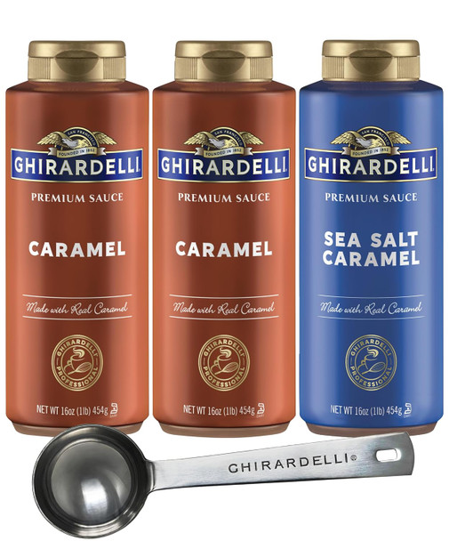 Ghirardelli Sauce Squeeze Bottles, 2-16 Oz Caramel, 1-16 Oz Sea Salt Caramel (Pack Of 3) With Ghirardelli Stamped Barista Spoon