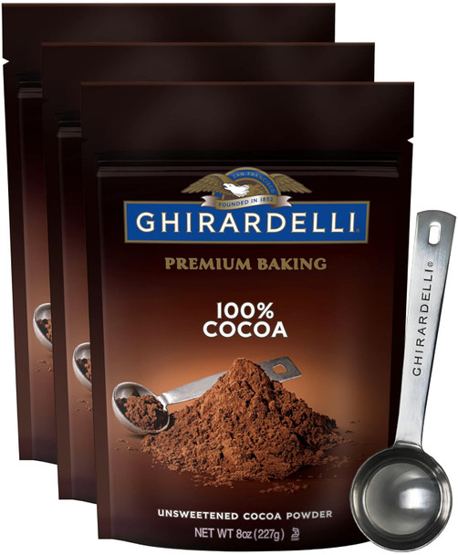Ghirardelli Unsweetened Cocoa Powder Pouch 8 Ounce (Pack Of 3) With Limited Edition Measuring Spoon
