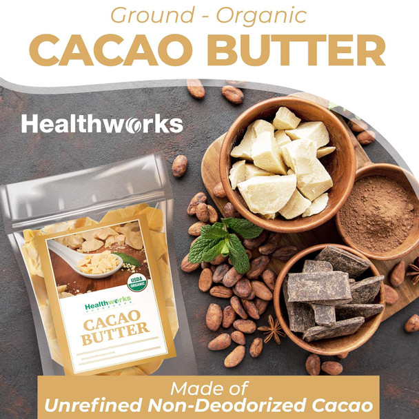 Healthworks Cacao Butter (16 Ounces / 1 Pound) Organic Unrefined Non-Deodorized Cocoa Organic From Peru Sugar-, Keto, Vegan & Non-Gmo Antioxidant Superfood