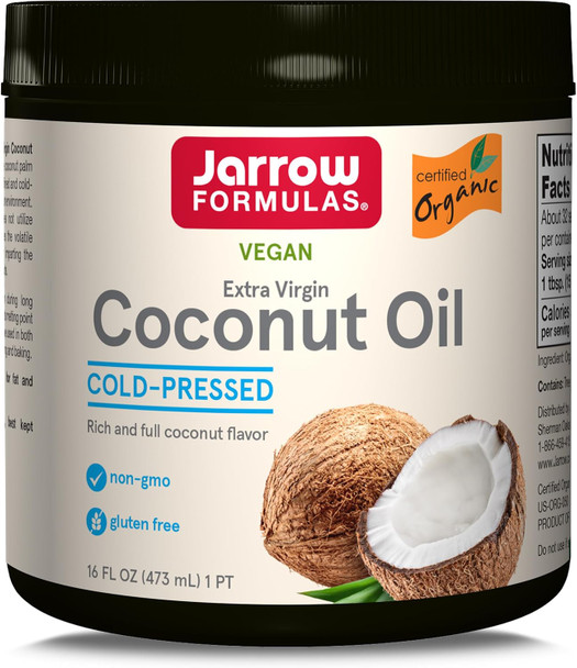 Jarrow Formulas Extra Virgin Organic Coconut Oil - 16 - Rich & Full Coconut Avor - Unrefined & Cold-Pressed - Solvent - Ideal For Cooking & Baking