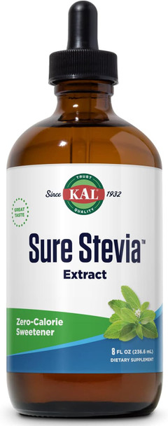 Kal Sure Stevia Extract Zero Calorie Sweetener, Low Carb, Plant Based Liq Stevia Drops, Great Taste, Zero Sugar, Low Glycemic & Perfect For A Keto Diet, 60-Day , Approx. 1555 Servings, 8