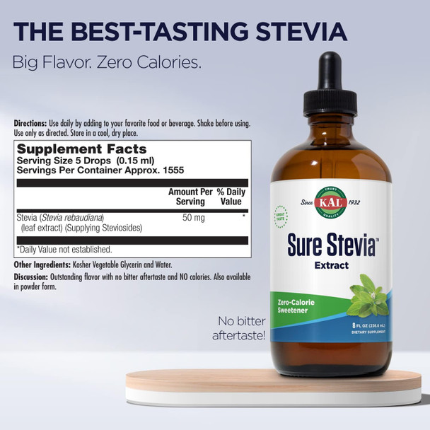 Kal Sure Stevia Extract Zero Calorie Sweetener, Low Carb, Plant Based Liq Stevia Drops, Great Taste, Zero Sugar, Low Glycemic & Perfect For A Keto Diet, 60-Day , Approx. 1555 Servings, 8