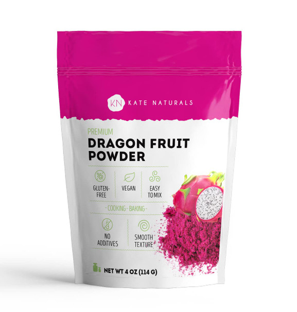 Kate Naturals Dragon Fruit Powder For Baking & Drink (4Oz). Vegan, Gluten Dried Dragon Fruit Pink Pitaya Powder For Dragon Fruit Syrup. Dragonfruit Pitaya Powder For Smoothie & Food Coloring