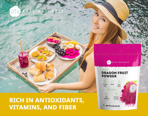 Kate Naturals Dragon Fruit Powder For Baking & Drink (4Oz). Vegan, Gluten Dried Dragon Fruit Pink Pitaya Powder For Dragon Fruit Syrup. Dragonfruit Pitaya Powder For Smoothie & Food Coloring