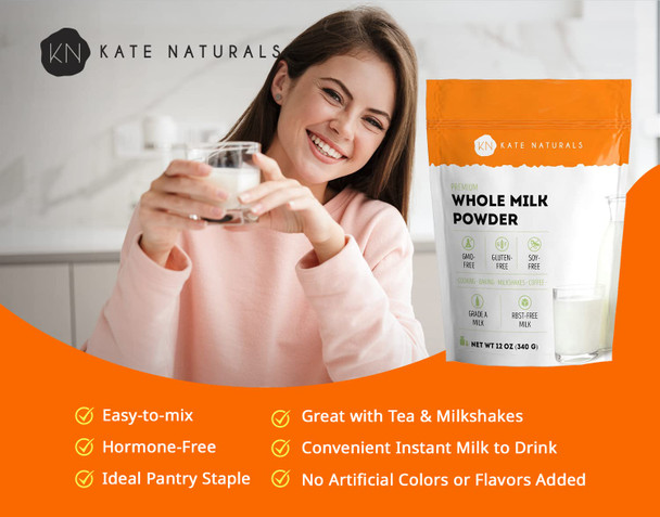 Kate Naturals Dry Whole Milk Powder For Baking And Coffee (12Oz) Dried Powdered Milk For Adults. Rbst-. Substitute For Liquid Milk. Milk Whole Powder For Milkshakes. Made In Usa