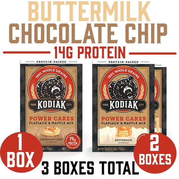 Kodiak Cakes Power Cakes Variety Pack - Protein Pancake Mix Just Add Water - 100% Whole Grain Flapjack And Protein Waffle Mix - Buttermilk (2, 20Oz) And Chocolate Chip (1, 18Oz) Pancake Mix Bulk