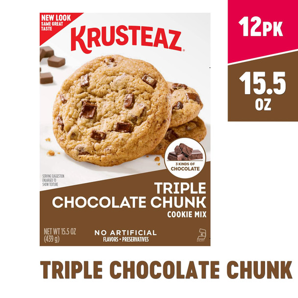 Krusteaz Triple Chocolate Chunk Cookie Mix, Bakery Style, 3 Kinds Of Chocolate, 15.5 Oz Boxes (Pack Of 12)
