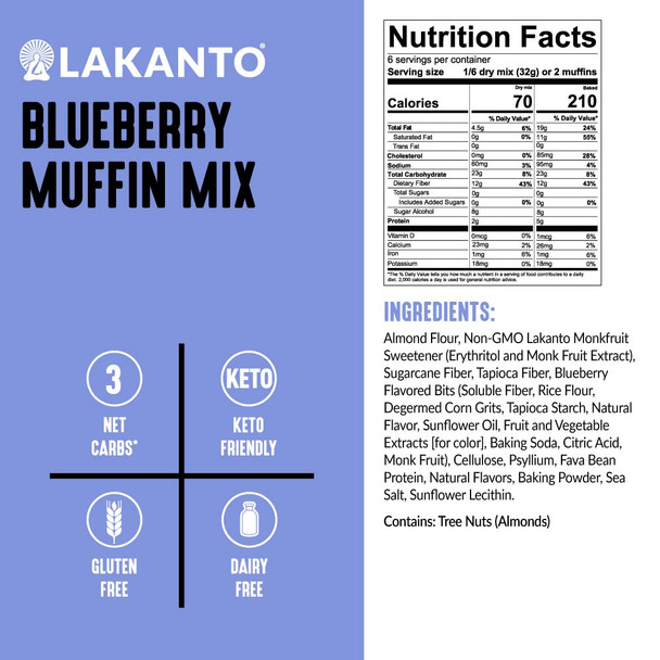 Lakanto Sugar Blueberry Muffin Mix - Naturally Flavored, Sweetened With Monk Fruit Sweetener, Keto Diet Friendly, 3 Net Carbs, Gluten , Breakfast Food, Delicious, Easy To Make (12 Servings)