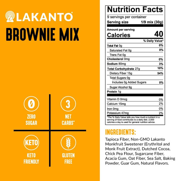 Lakanto Sugar Brownie Mix - Sweetened With Monk Fruit Sweetener, Keto Diet Friendly, Delicious Dutched Cocoa, High In Fiber, 3G Net Carbs, Gluten , Easy To Make Dessert (Pack Of 1)