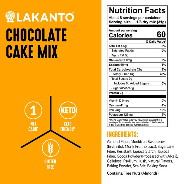 Lakanto Sugar Keto Cake Mix - Sweetened With Monk Fruit, Gluten , 1 Net Carb, Keto Diet Friendly, Delicious - Chocolate