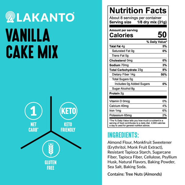 Lakanto Sugar Keto Cake Mix - Sweetened With Monk Fruit, Gluten , 1 Net Carb, Keto Diet Friendly, Delicious - Vanilla
