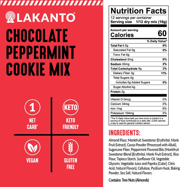 Lakanto Sugar Keto Chocolate Peppermint Cookie Mix - Sweetened With Monk Fruit Sweetener, Keto Diet Friendly, 1 Net Carb, Gluten , Vegan, Chocolate Treat (12 Cookies)