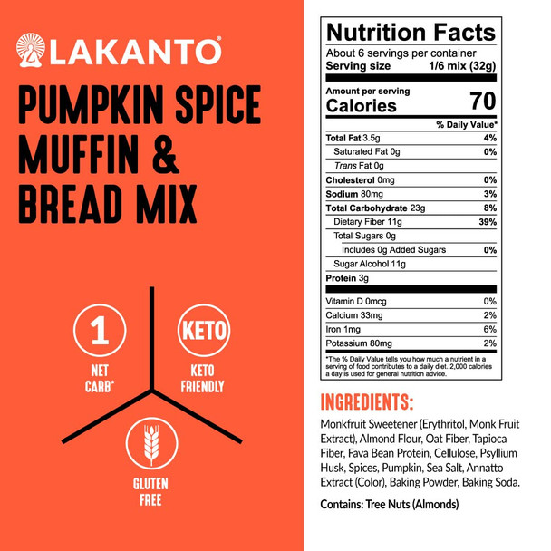 Lakanto Sugar Pumpkin Spice Muffin And Bread Mix - Sweetened With Monk Fruit, Keto Diet Friendly, Gluten , Dairy , 1G Net Carbs - Makes 12 Muffins Lakanto Sugar Pumpkin Spice Muffin And Bread Mix - Sweetened With Monk Fruit, Keto Diet Friendly, Gluten , Dairy , 1G Net Carbs - Makes 12 Muffins