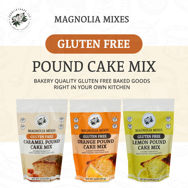 Magnolia Mixes Gluten- Pound Cake Variety Pack - Lemon, Orange, And Caramel Flavors - Easy 3-Step Baking With Premium Ingredients - Moist & Delicious - 14Oz Each (3-Pack)