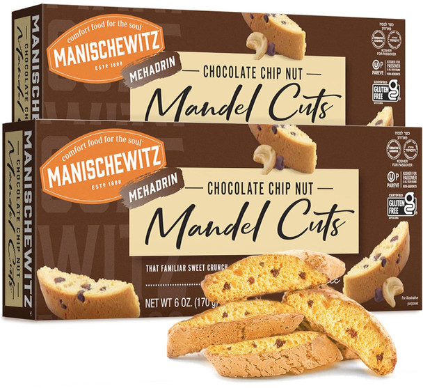 Manischewitz Chocolate Chip Nut Mandel Cuts 6Oz (2 Pack), Dairy , Gluten & Grain Biscotti, Kosher For Passover