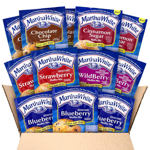 Martha White Muffin Mix Sampler Variety Pack, Pack Of 12, Chocolate Chip, Blueberry, Strawberry, Cinnamon Sugar, Wildberry, Just Add Milk