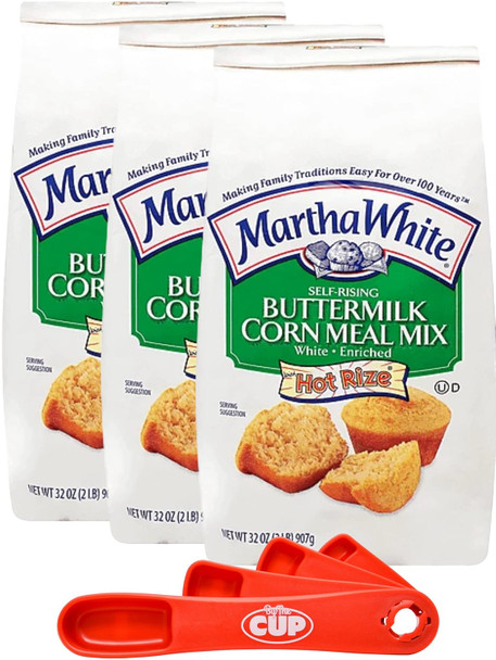 Martha White Self-Rising Buttermilk White Corn Meal Mix, 32 Ounces (Pack Of 3) With By The Cup Swivel Measuring Spoon