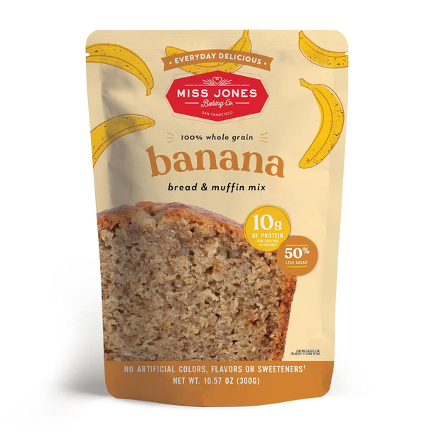 Miss Jones Baking Banana Bread & Muffin Mix - Whole Grains, 50% Lower Sugar, Real Banana, Naturally Sweetened Desserts & Treats, 10.57 Ounce (Pack Of 1)