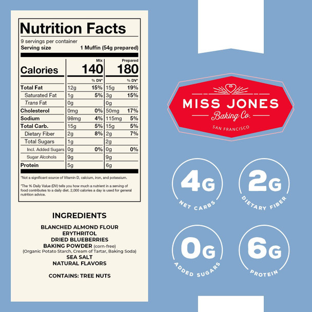 Miss Jones Baking Keto Blueberry Muffin Mix - Gluten , Low Carb, No Sugar Added, Naturally Sweetened Desserts & Treats - Diabetic, Atkins, Ww And Paleo Friendly