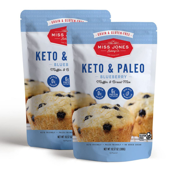 Miss Jones Baking Keto Blueberry Muffin Mix - Gluten , Low Carb, No Sugar Added, Naturally Sweetened Desserts & Treats - Diabetic, Atkins, Ww, And Paleo Friendly (Pack Of 2)