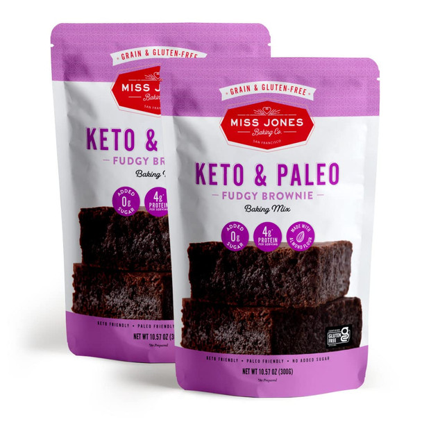 Miss Jones Baking Keto Brownie Mix - Gluten , Low Carb, No Sugar Added, Naturally Sweetened Desserts & Treats - Diabetic, Atkins, Ww, Paleo Friendly, 2 Count