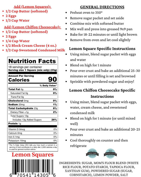 Mom'S Place Gluten Luscious Lemon Squares Mix - Easy To Make, 1 Pack, 18 Servings, Per Serving - Delicious And Healthy Gluten Desserts