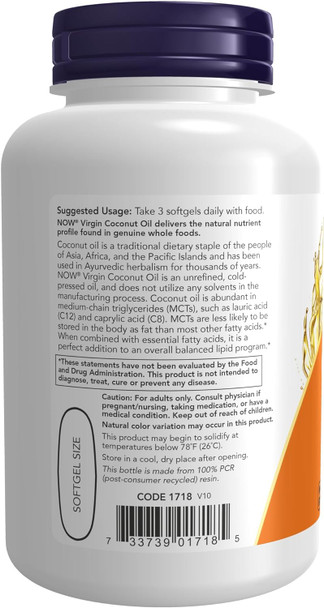 Now Supplements, Virgin Coconut Oil 1000 Mg, Cold Pressed And Unrefined, 120 Softgels