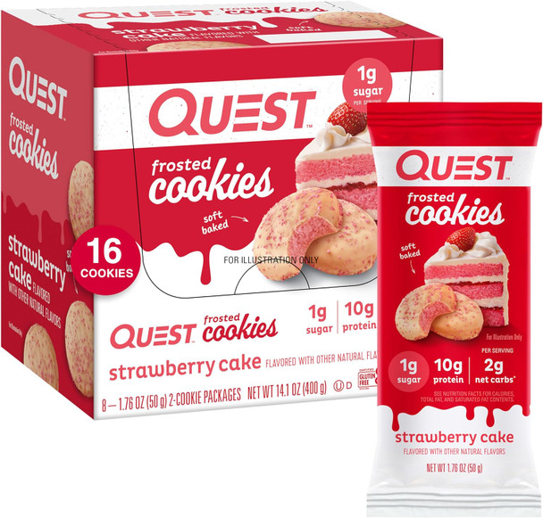 Quest Nutrition Frosted Cookies Twin Pack, Strawberry Cake, 1G Sugar, 10G Protein, 2G Net Carbs, Gluten , 16 Cookies