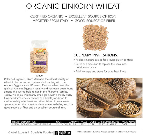 Roland Foods Organic Einkorn Wheat, Ancient Grain, 17.6 Ounce Bag, Pack Of 12