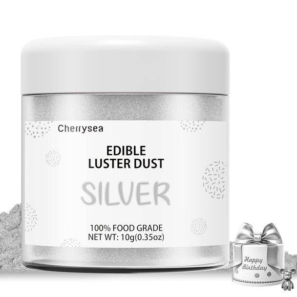 Silver Edible Luster Dust 10 Grams, Food Grade Cake Luster Dust Tasteless Dessert Dusting Powders For Baking Cherrysea Food Coloring Powder For Cakes, Cake Pops,Fondant,Chocolate, Candy