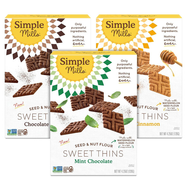 Simple Mills Sweet Thins Cookies Variety Pack, Seed And Nut Flour (Mint Chocolate Chip, Honey Cinnamon, Chocolate Brownie) - Gluten , Paleo Friendly, Healthy Snacks, 4.25 Ounce (Pack Of 3)