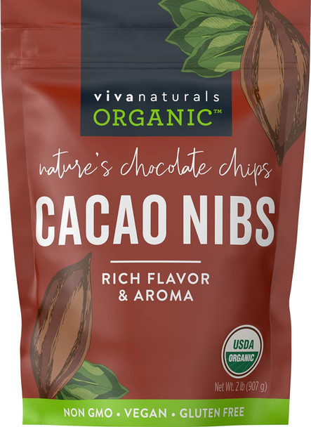 Viva Naturals Organic Cacao Nibs, 2 Lb Bag (907G) - Keto Friendly And Vegan Unsweetened Chocolate Chip Substitute, Perfect For Gluten Baking, Cacao Nib Smoothies And More, Non-Gmo And Gluten