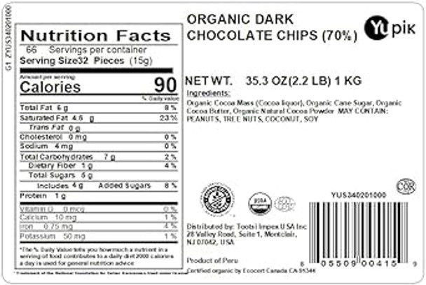 Yupik 70% Dark Chocolate, Organic Vegan Chips, 2.2 Lb, Pack Of 1